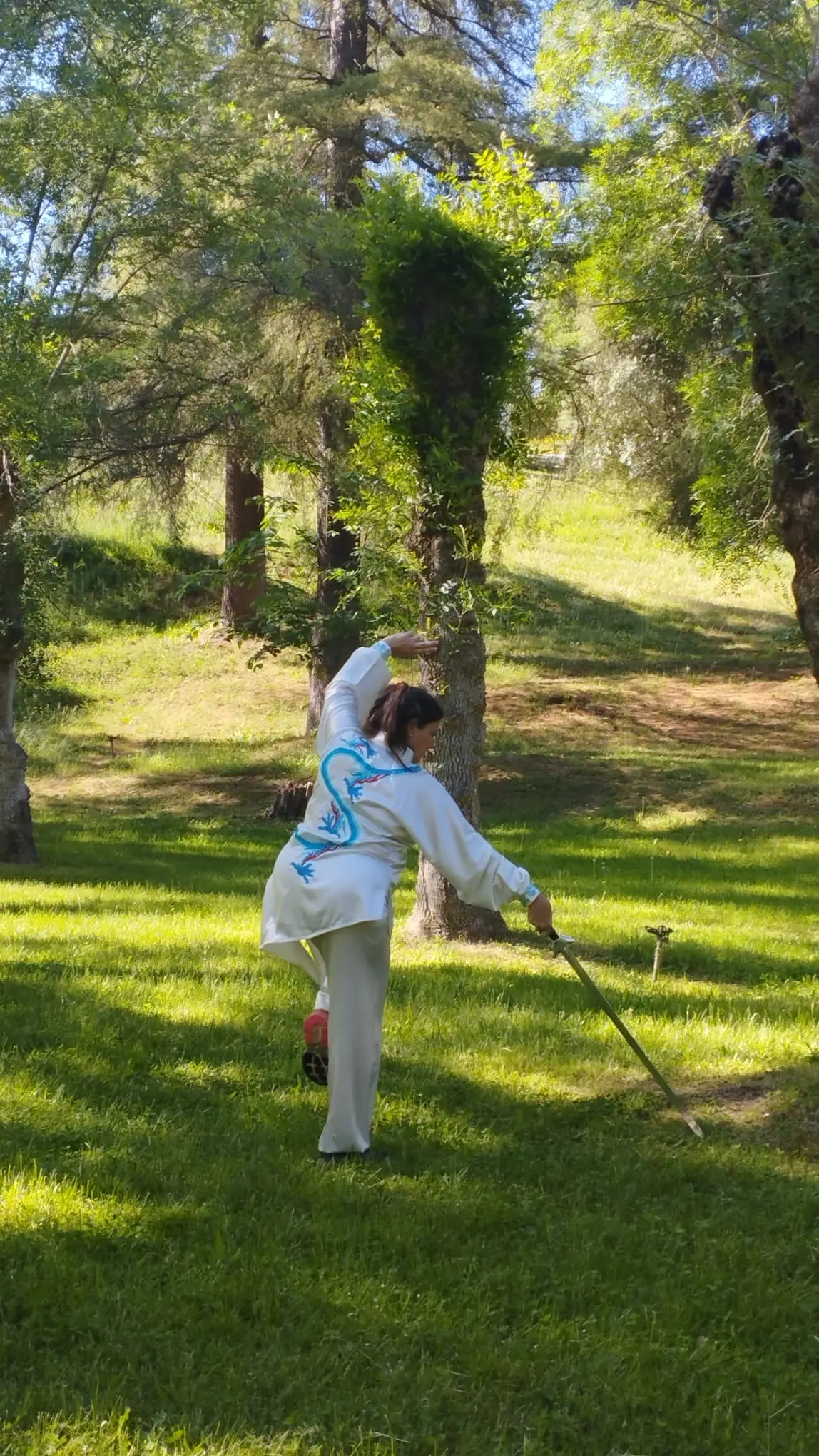 Maite García en pose de equilibrio con espada de Tai Chi